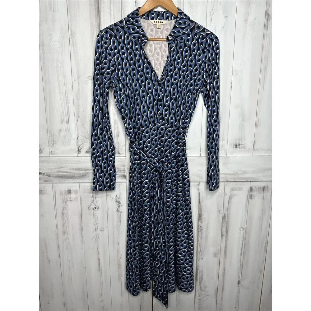 Boden Laura Shirt Dress 4P Petite Tencel Jersey Azure Blue Geo Chain Midi Belted - Picture 1 of 13